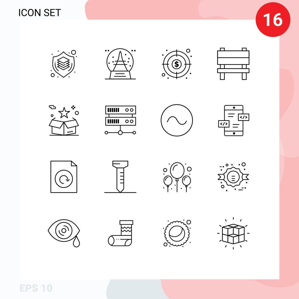 16 User Interface Outline Pack of modern Signs and Symbols of box furniture vacation chair goal Editable Vector Design Elements