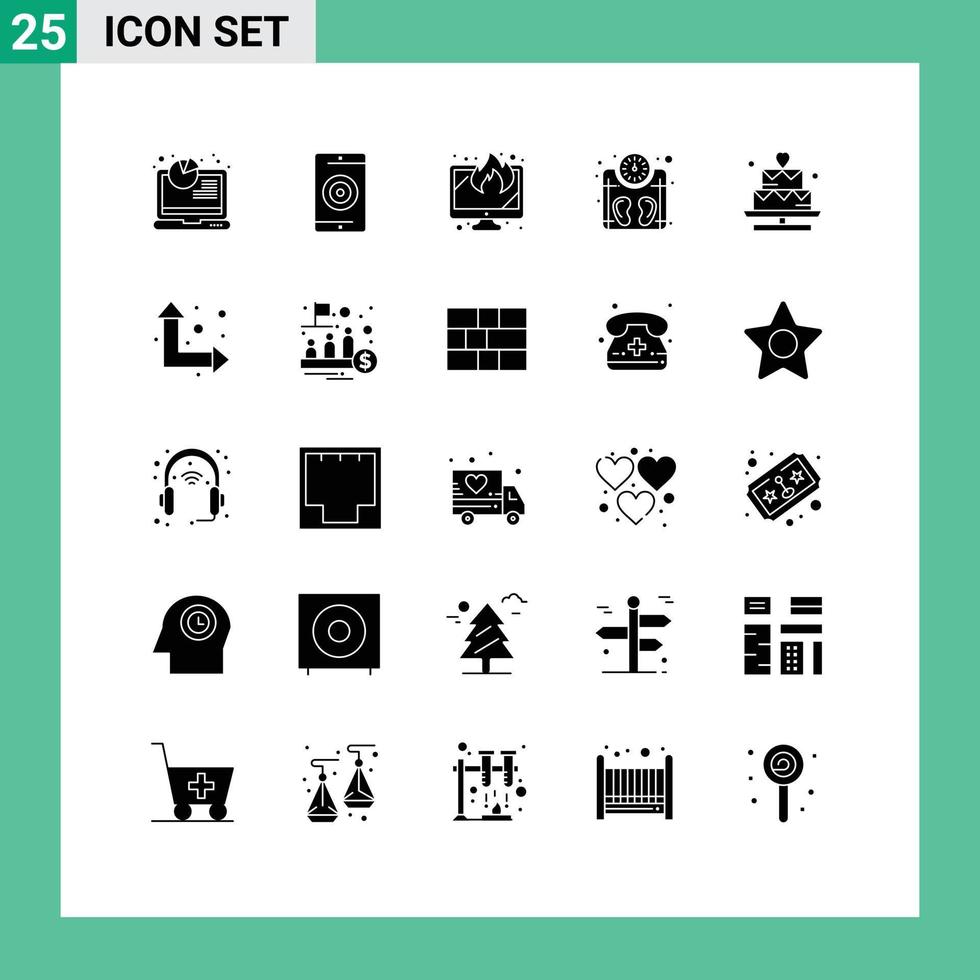 Modern Set of 25 Solid Glyphs Pictograph of cake weighing performance scale data Editable Vector Design Elements