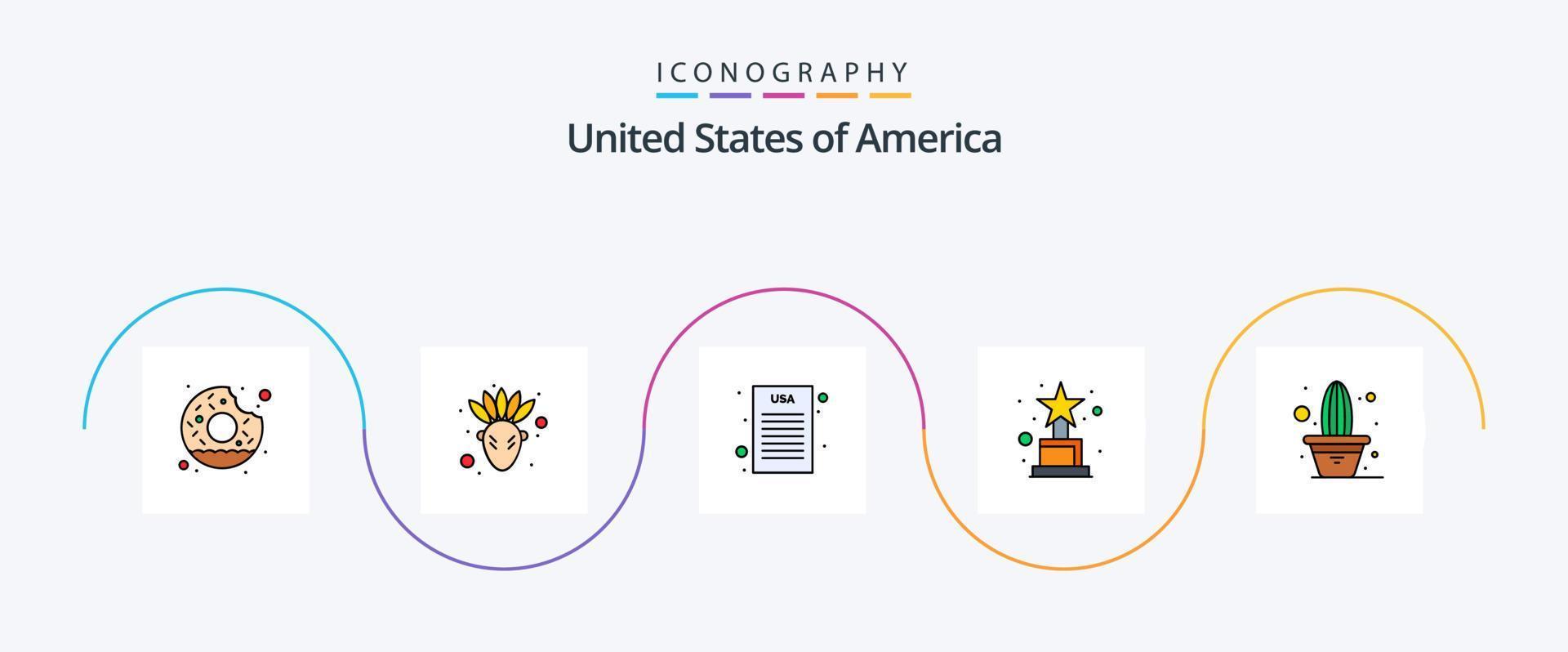 paquete de iconos planos llenos de línea de EE. UU. 5 que incluye. planta. declaración de la independencia. flor. trofeo vector