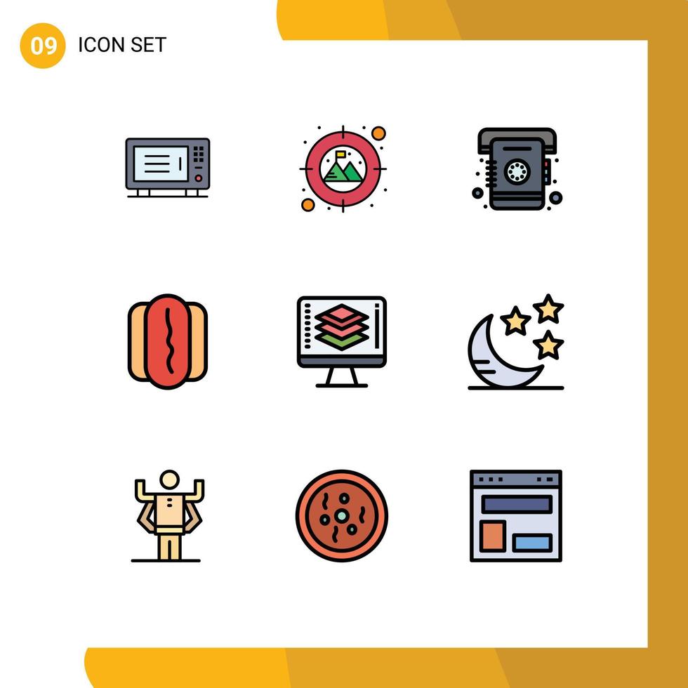 Pack of 9 creative Filledline Flat Colors of screen code book programming hotdog Editable Vector Design Elements