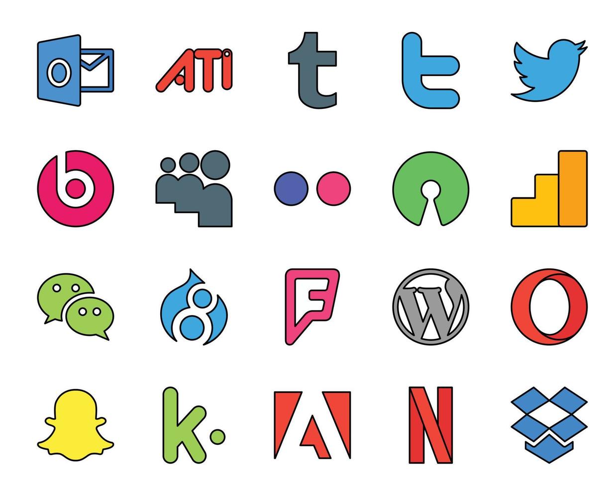 Paquete de 20 íconos de redes sociales que incluye snapchat cms fuente abierta wordpress drupal vector