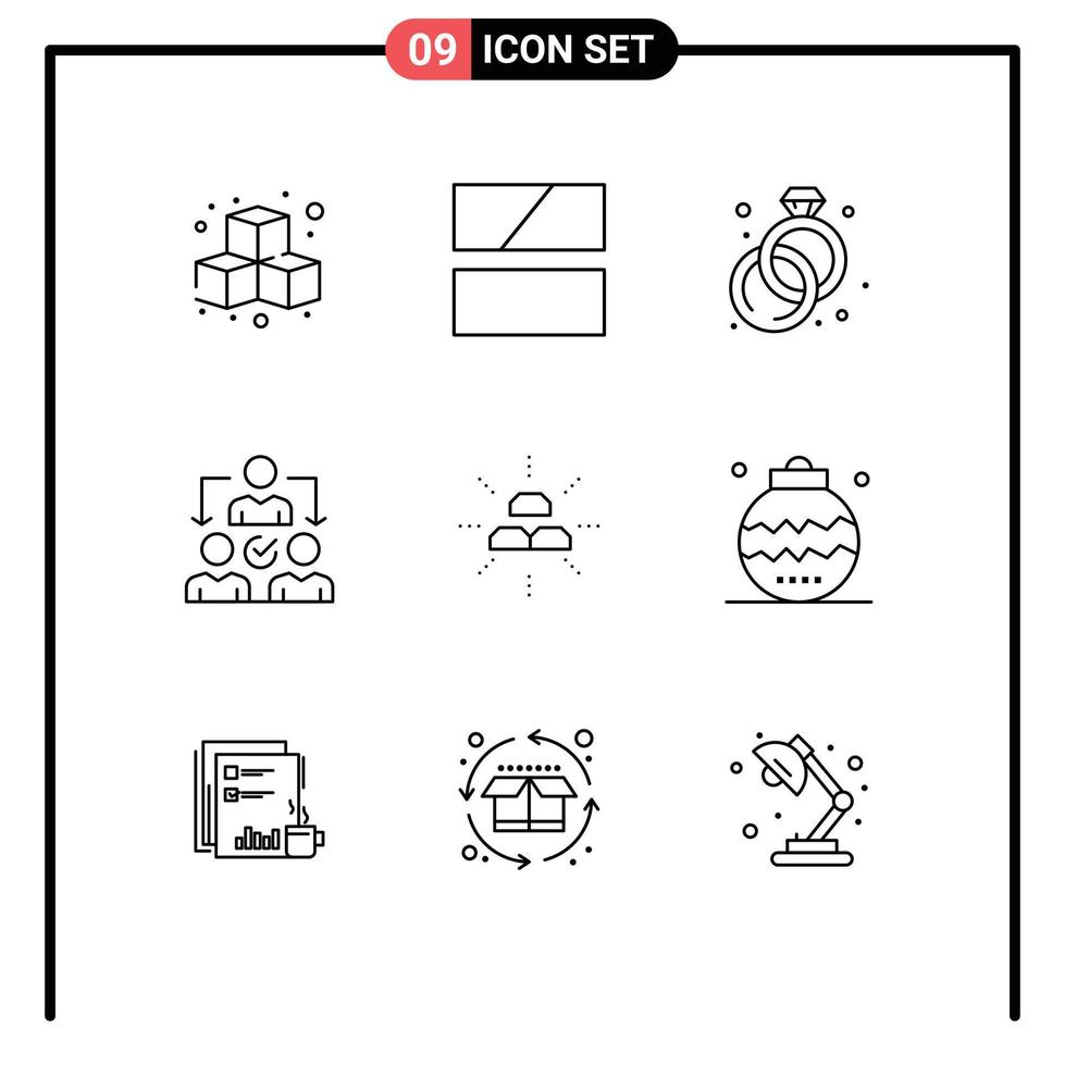 Modern Set of 9 Outlines Pictograph of gold bars diamond distribution delegate Editable Vector Design Elements