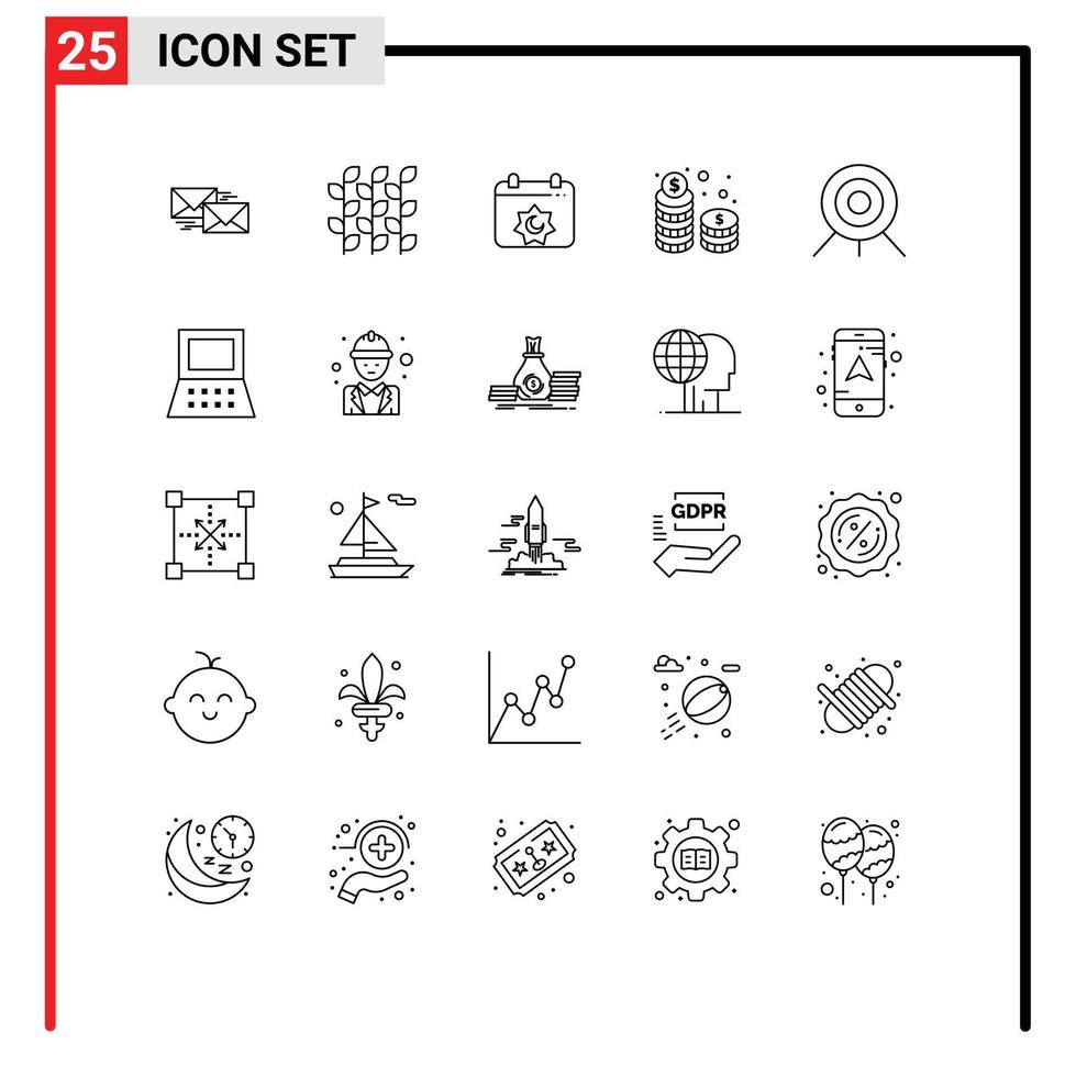 conjunto de línea de interfaz móvil de 25 pictogramas de elementos de diseño de vector editables de fiesta musulmana de grano de monedas de pila