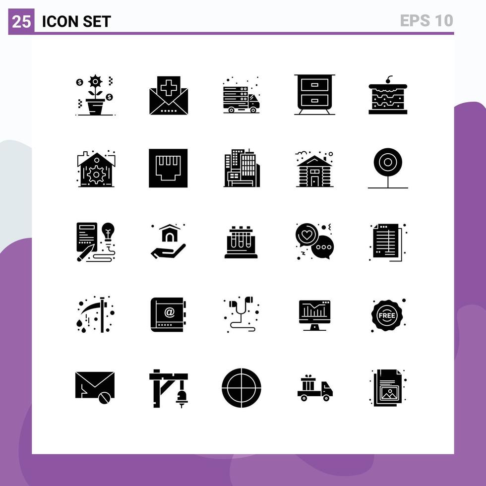 Set of 25 Vector Solid Glyphs on Grid for cake bakery medicine interior web server Editable Vector Design Elements