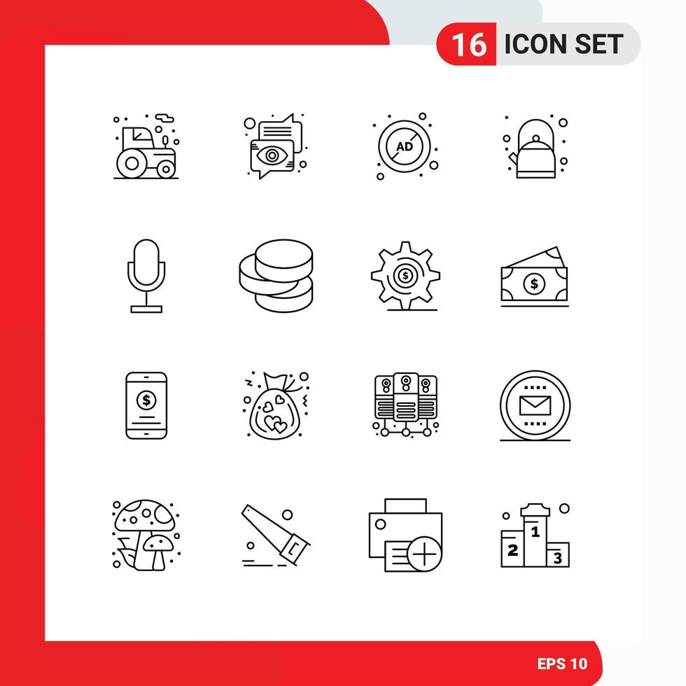 Pack of 16 Modern Outlines Signs and Symbols for Web Print Media such as audio pot speech breakfast block Editable Vector Design Elements