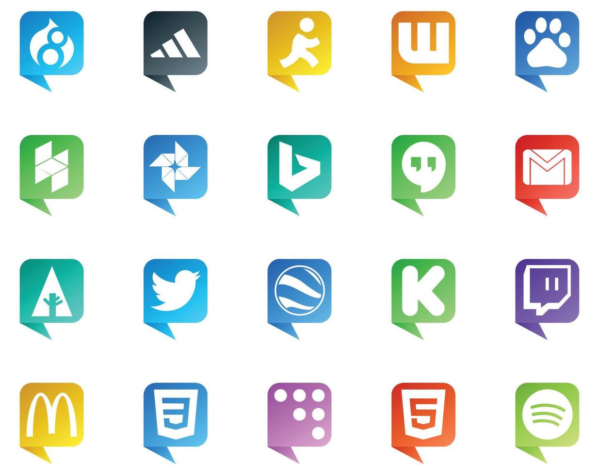 20 logotipos de estilo de burbujas de discurso de redes sociales como twitch google earth hangouts tweet forrst vector