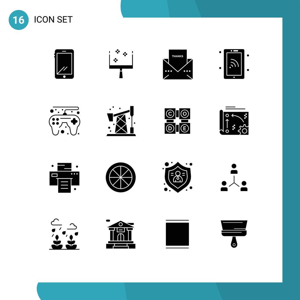 Modern Set of 16 Solid Glyphs Pictograph of game controller technology envelope smartphone thanksgiving Editable Vector Design Elements