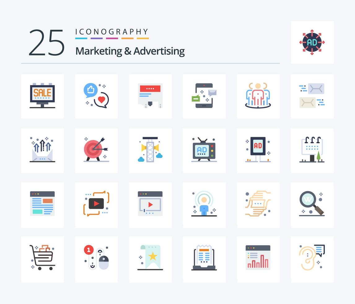 Marketing And Advertising 25 Flat Color icon pack including marketing. connection. marketing. communication. message vector