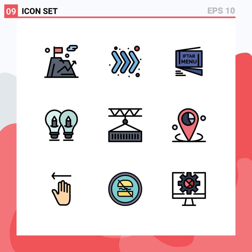 Filledline Flat Color Pack of 9 Universal Symbols of cargo pencil menu solution bulb Editable Vector Design Elements