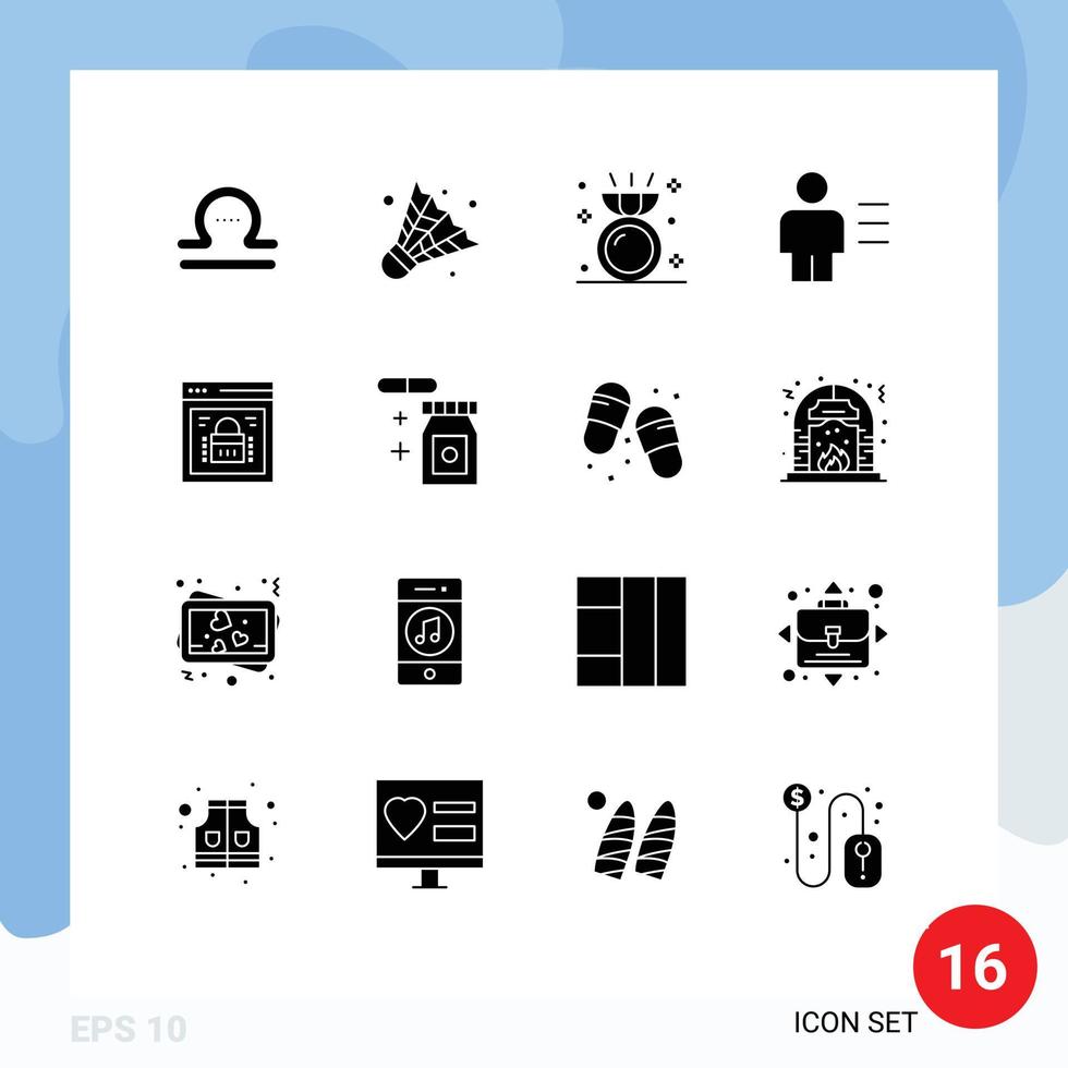 Pack of 16 creative Solid Glyphs of page lock human engagement details avatar Editable Vector Design Elements
