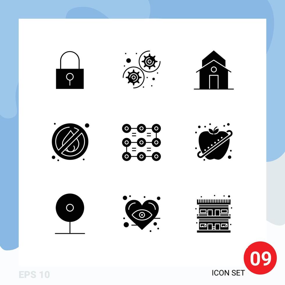 9 Thematic Vector Solid Glyphs and Editable Symbols of protection lock church camping no fire Editable Vector Design Elements