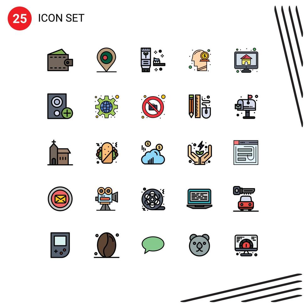 Editable Vector Line Pack of 25 Simple Filled line Flat Colors of home money environment mind head Editable Vector Design Elements