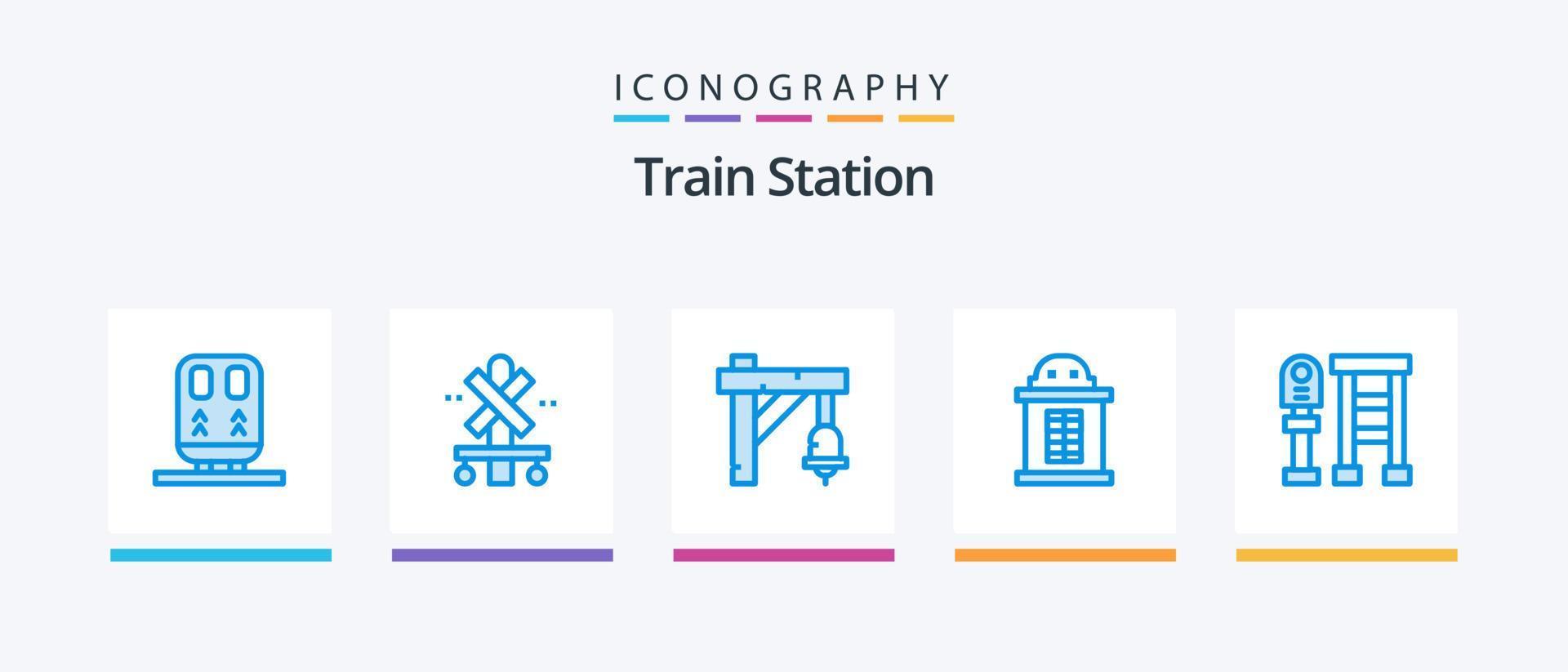 paquete de iconos azul 5 de la estación de tren que incluye la estación. mesa de trabajo. campana. tren. boleto. diseño de iconos creativos vector