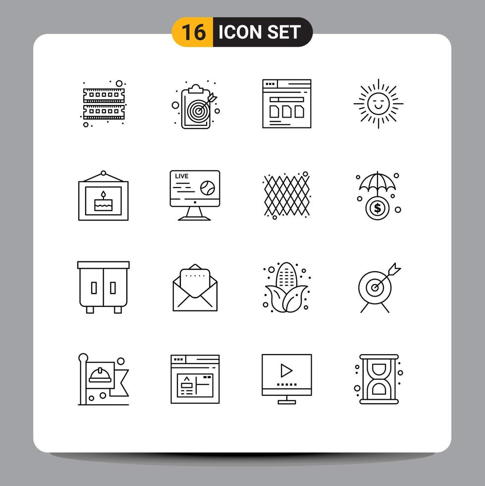16 Thematic Vector Outlines and Editable Symbols of birthday shinning target beach website Editable Vector Design Elements