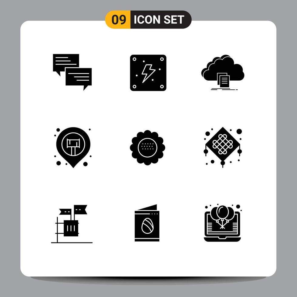 Editable Vector Line Pack of 9 Simple Solid Glyphs of flora sticky cloud map download Editable Vector Design Elements