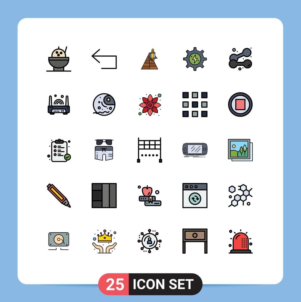 paquete de 25 modernos signos y símbolos de colores planos de línea rellena para medios de impresión web, como elementos de diseño de vectores editables de energía de aeronaves con mancuernas deportivas