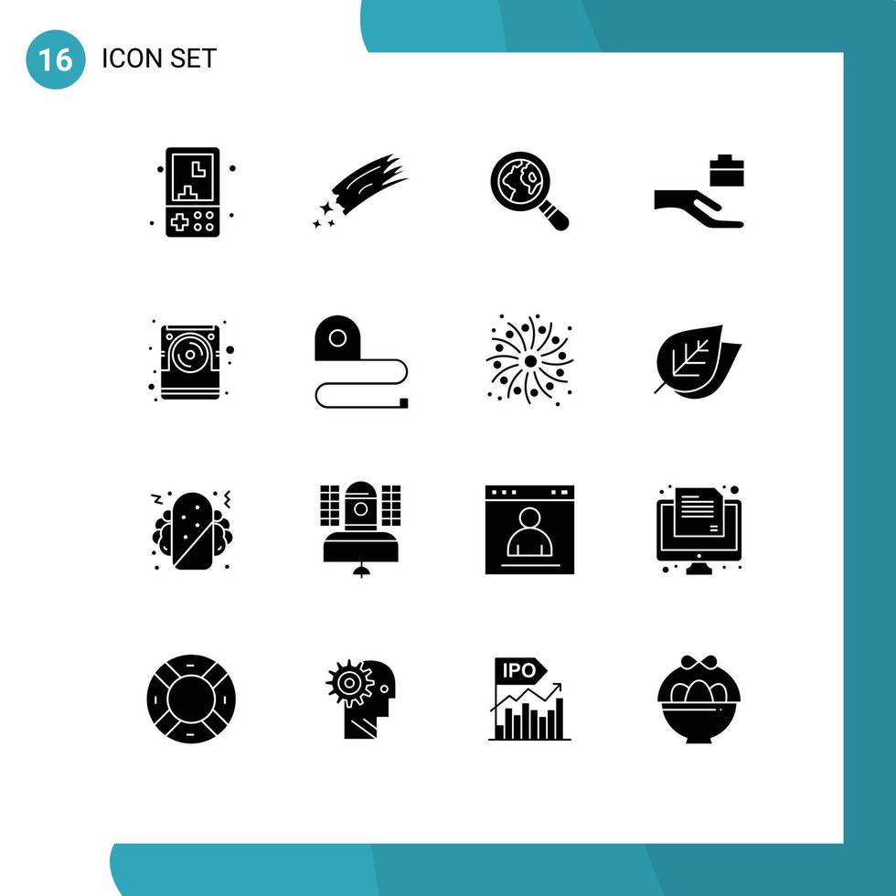Set of 16 Commercial Solid Glyphs pack for data share space hand magnifying glass Editable Vector Design Elements