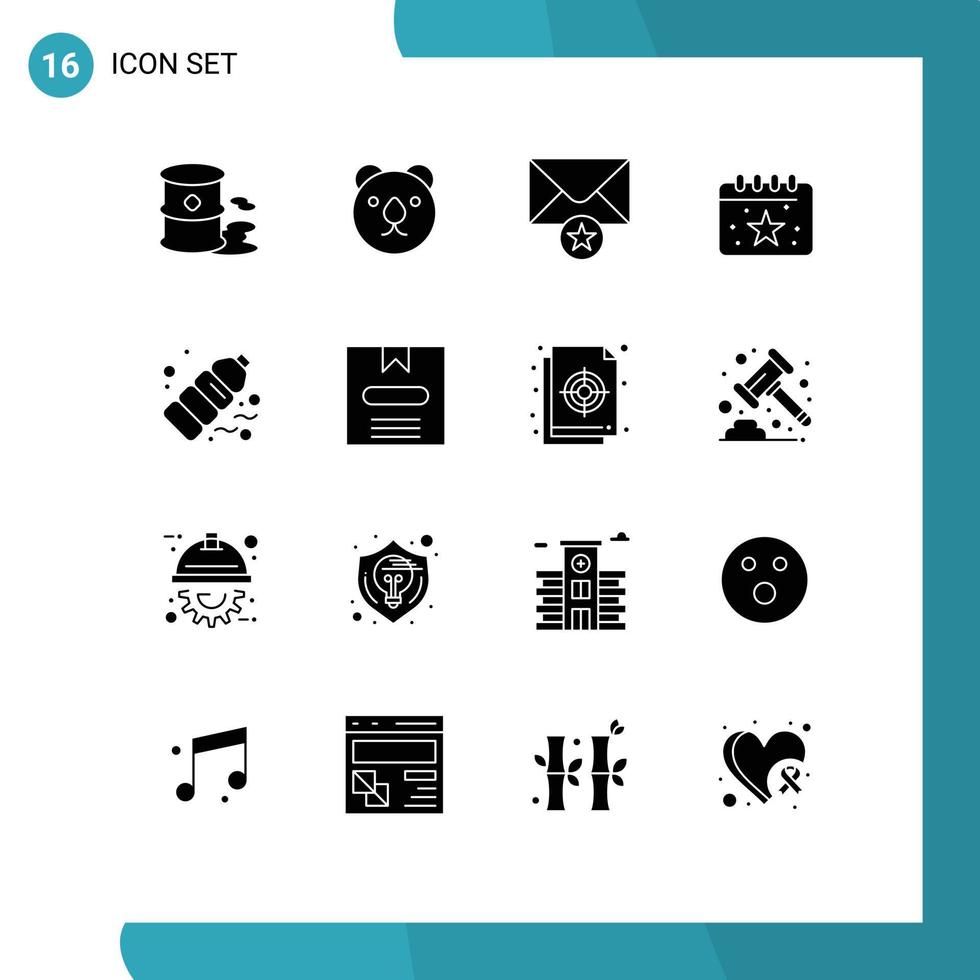 Set of 16 Commercial Solid Glyphs pack for pollution gas message bottle date Editable Vector Design Elements