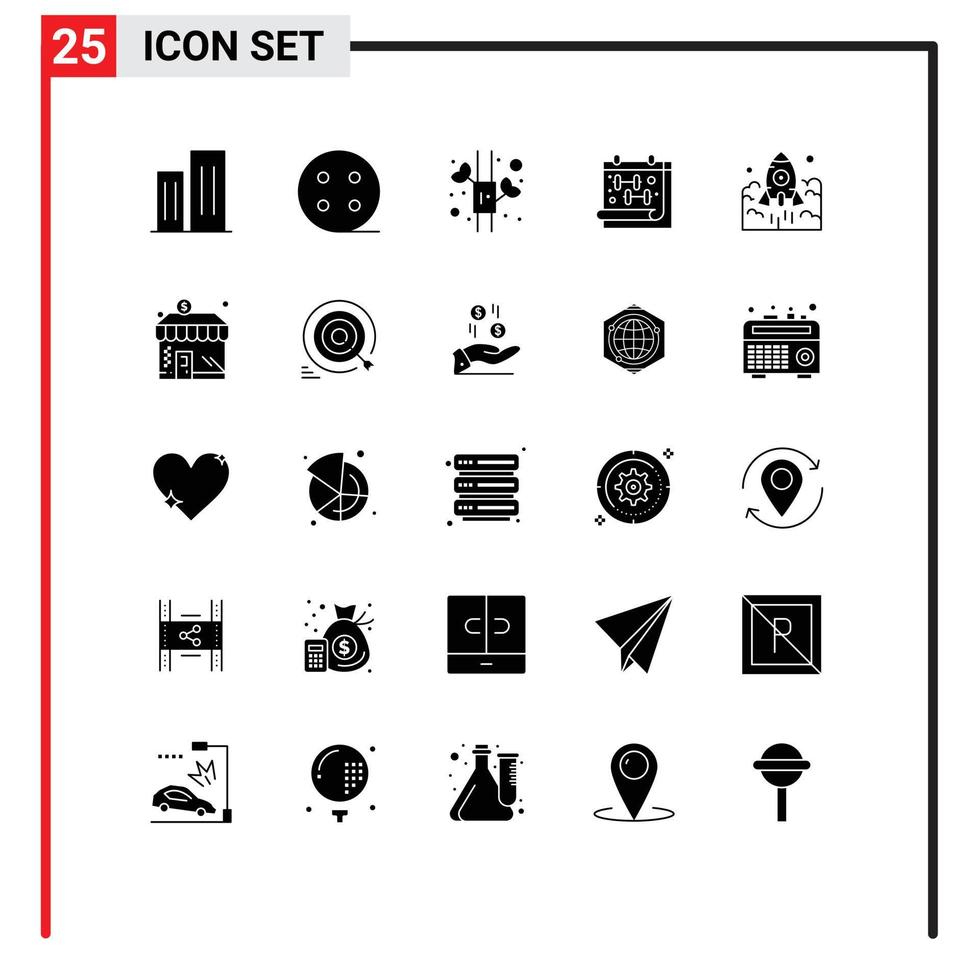 Solid Glyph Pack of 25 Universal Symbols of business launch bamboo dumbell fitness Editable Vector Design Elements