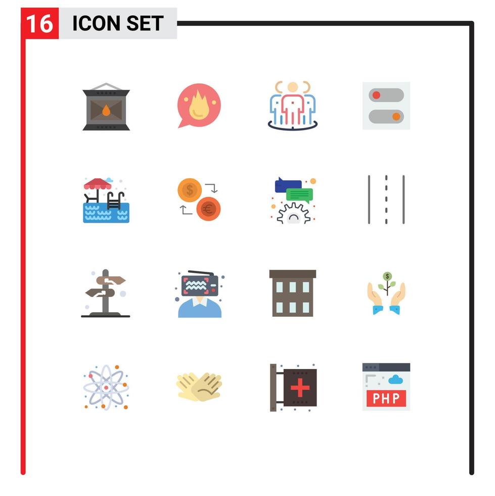 Flat Color Pack of 16 Universal Symbols of water switch training control group Editable Pack of Creative Vector Design Elements