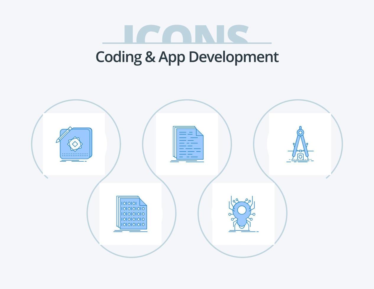 codificación y desarrollo de aplicaciones paquete de iconos azules 5 diseño de iconos. doc. código. virus. diseño. logo vector
