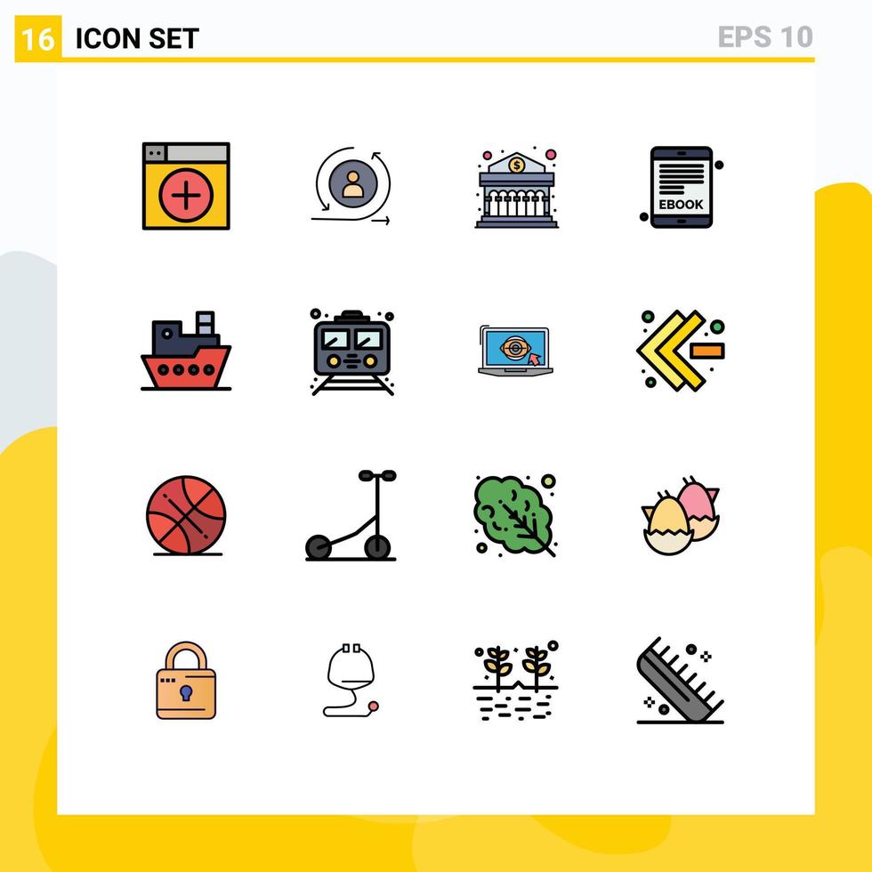 Group of 16 Flat Color Filled Lines Signs and Symbols for steamboat internet book digital electronic book money Editable Creative Vector Design Elements