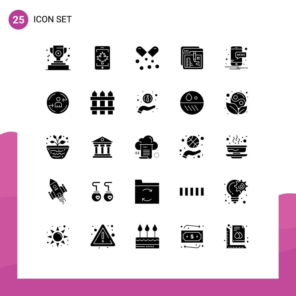 Modern Set of 25 Solid Glyphs Pictograph of mobile education nutrients capsules document browser Editable Vector Design Elements