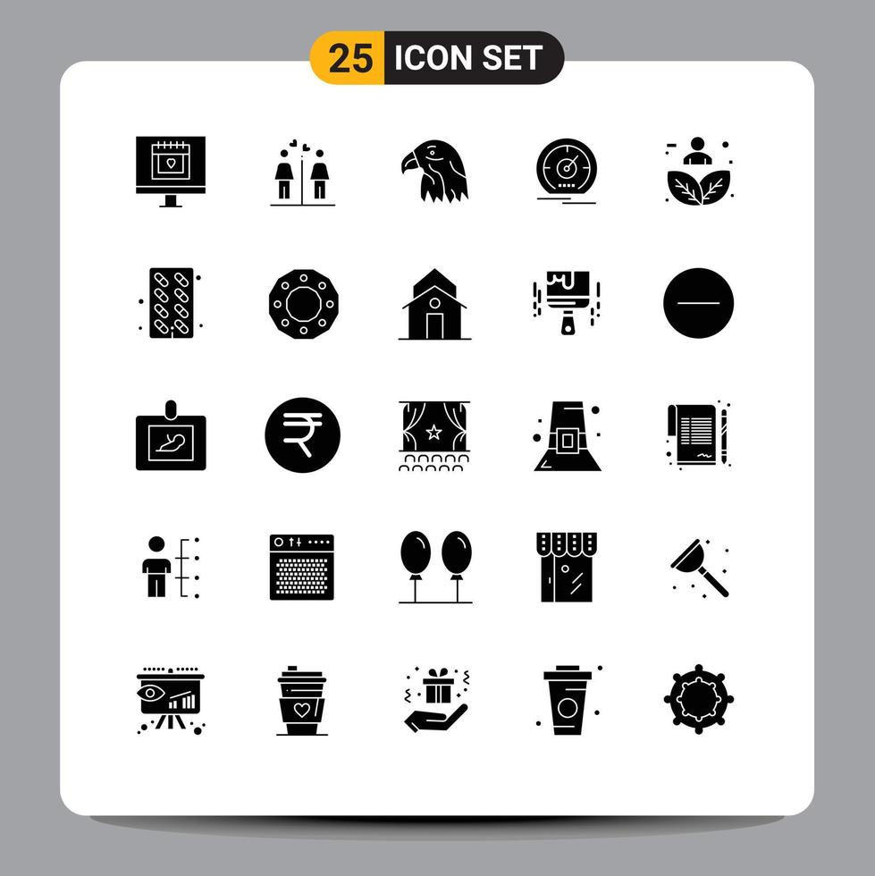 Pack of 25 Modern Solid Glyphs Signs and Symbols for Web Print Media such as plant leaf speed animal meter gauge Editable Vector Design Elements