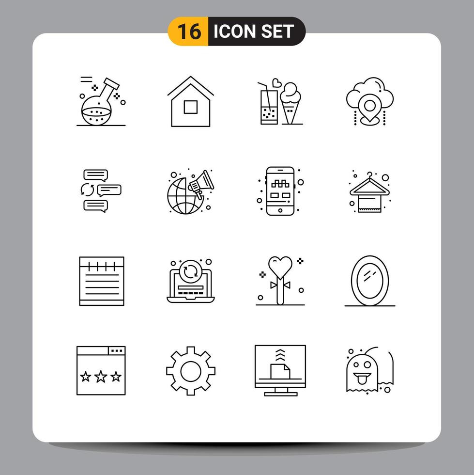 Modern Set of 16 Outlines Pictograph of map pin shack location ice cream Editable Vector Design Elements