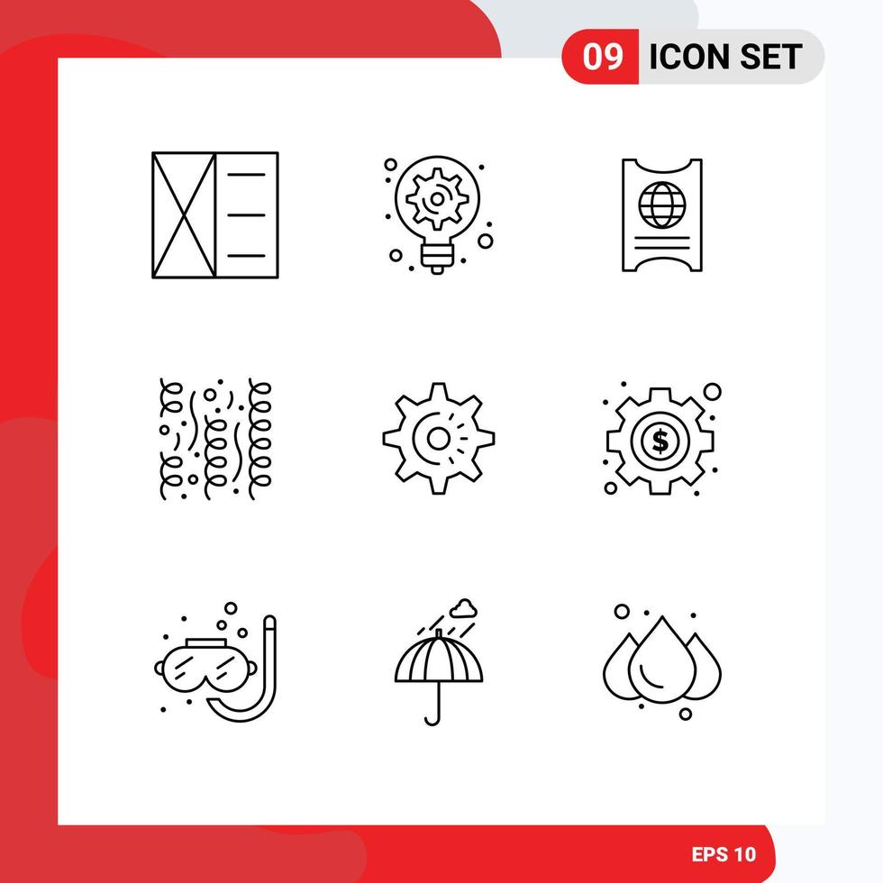 9 iconos creativos, signos y símbolos modernos de engranajes, diversión, pase, fiesta, celebración, elementos de diseño vectorial editables vector