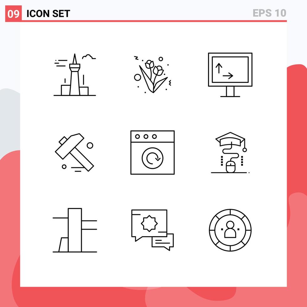 grupo universal de símbolos de icono de 9 contornos modernos de elementos de diseño de vector editables de martillo de aplicación de altura mac de ratón
