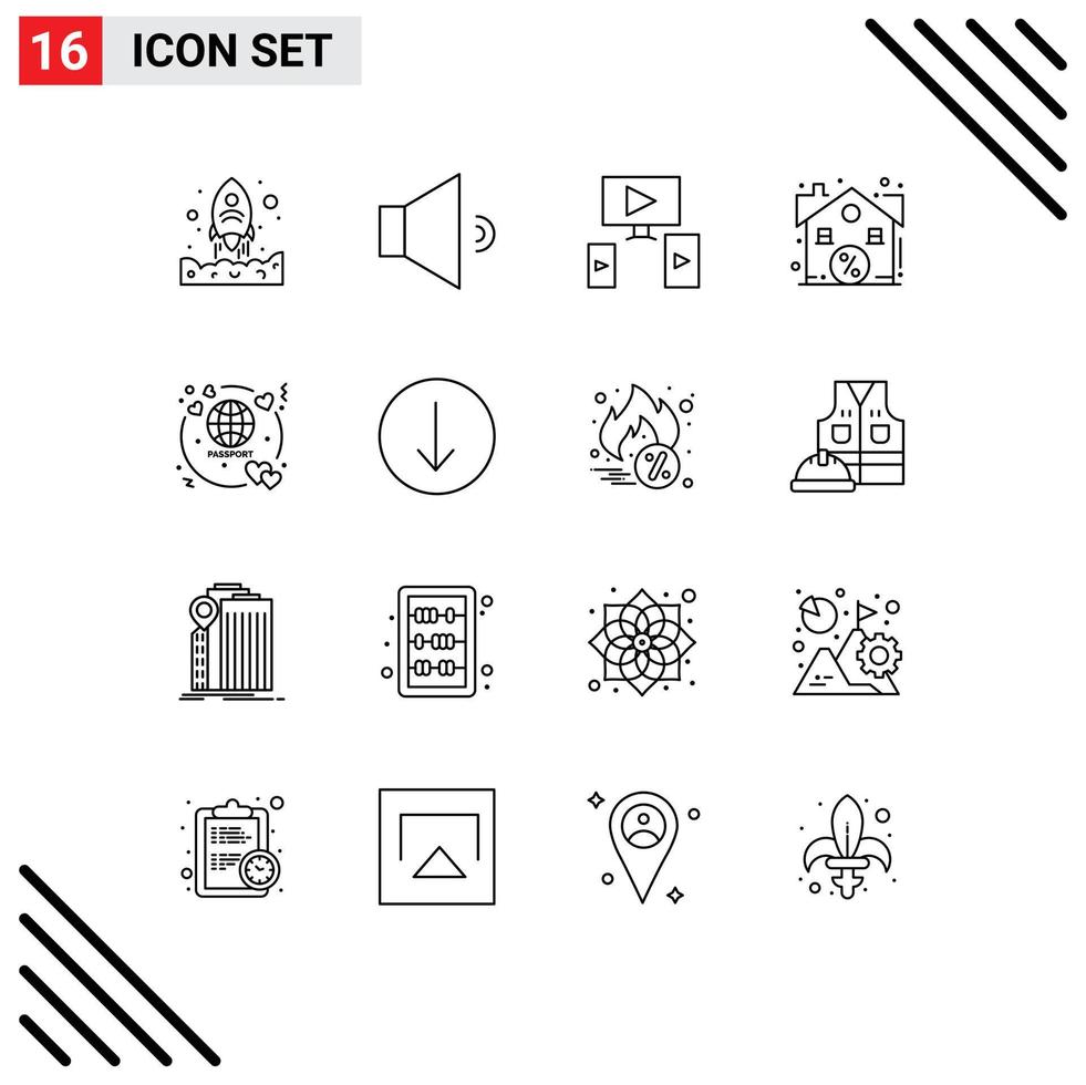 Set of 16 Modern UI Icons Symbols Signs for travel passport video honeymoon real Editable Vector Design Elements