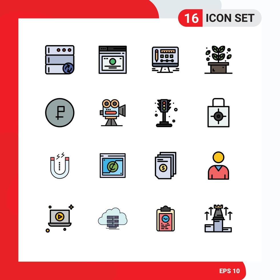 16 Universal Flat Color Filled Lines Set for Web and Mobile Applications currency business monitor spa leaf Editable Creative Vector Design Elements