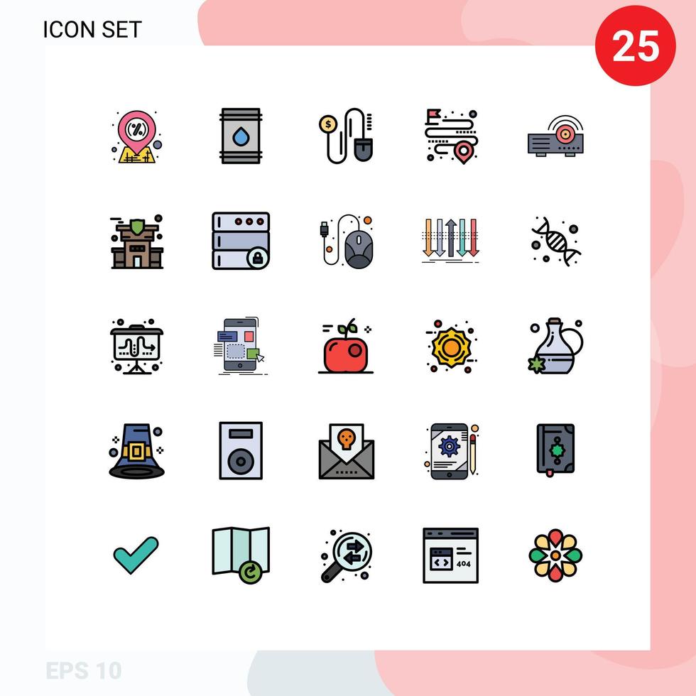 Group of 25 Modern Filled line Flat Colors Set for projector route eco map distance Editable Vector Design Elements