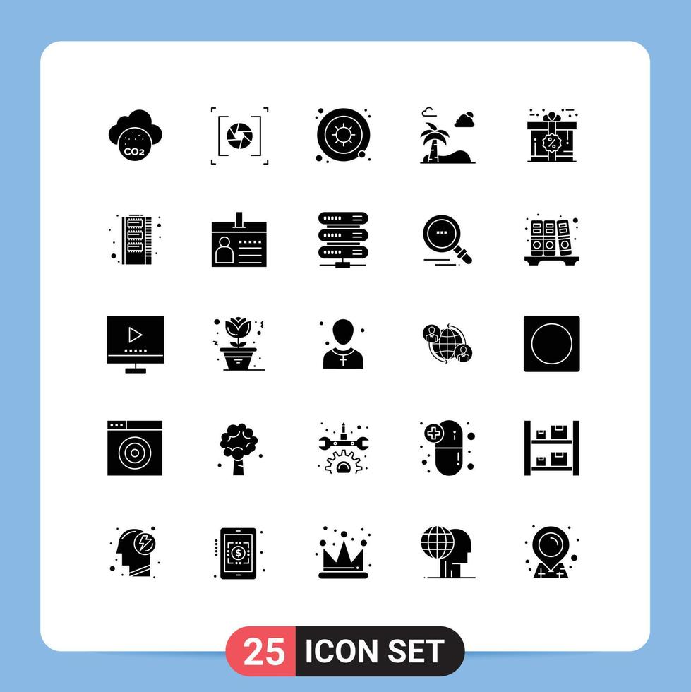 Editable Vector Line Pack of 25 Simple Solid Glyphs of card spring bacteria tree beach Editable Vector Design Elements