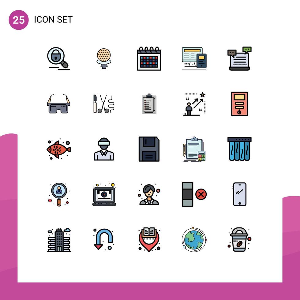 Set of 25 Commercial Filled line Flat Colors pack for cart calculatre calendar education computer Editable Vector Design Elements