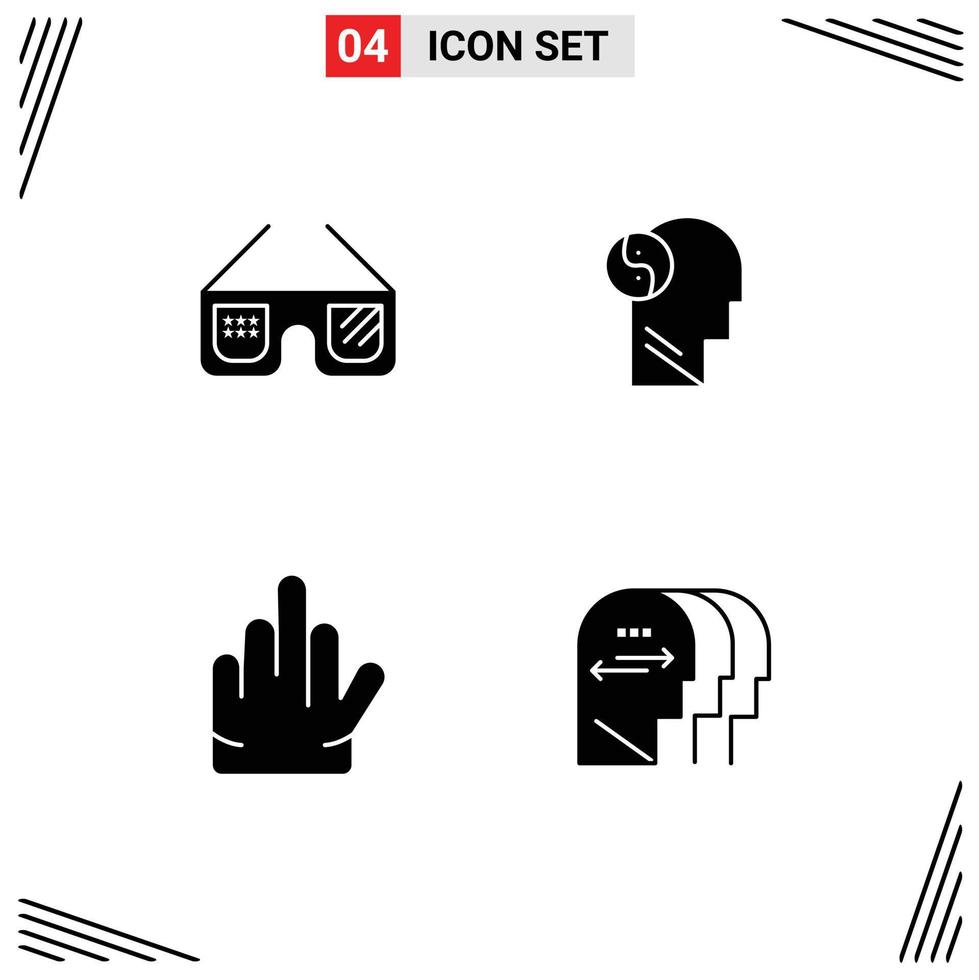 Mobile Interface Solid Glyph Set of 4 Pictograms of sunglasses hand usa head personality Editable Vector Design Elements