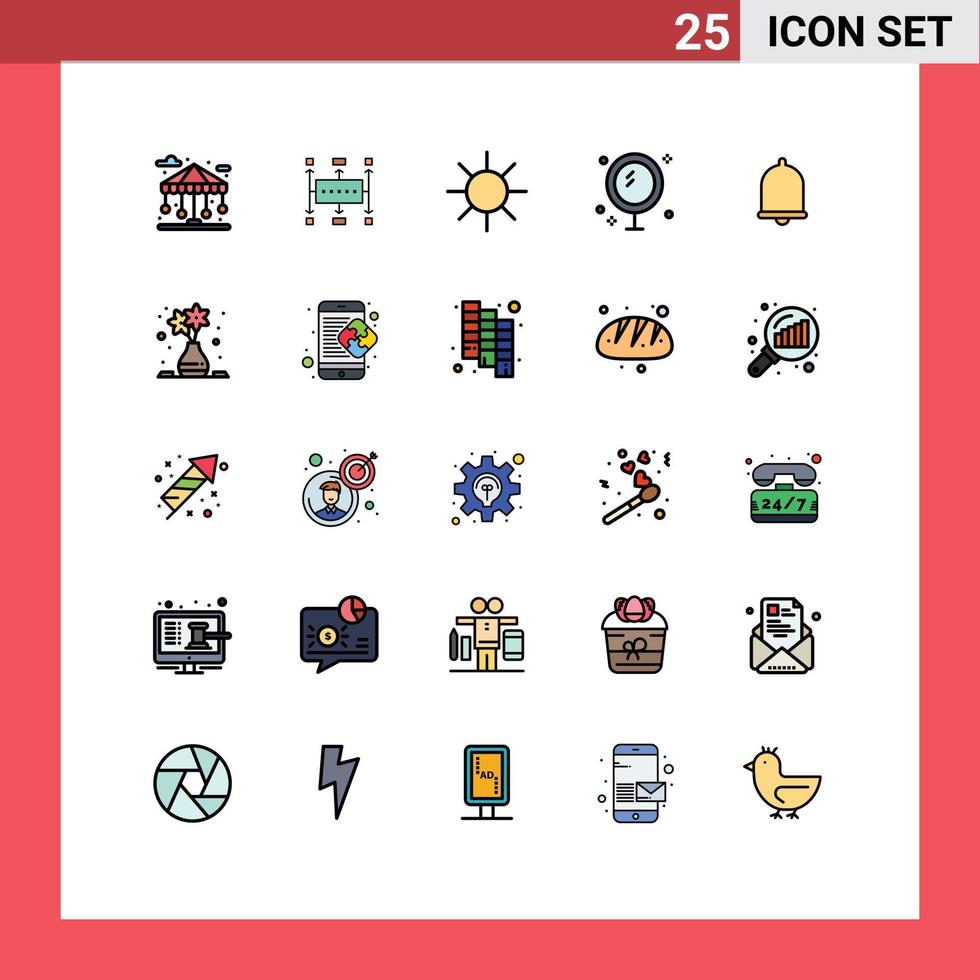 paquete de 25 modernos signos y símbolos de colores planos de línea rellena para medios de impresión web, como elementos de diseño de vectores editables de baño de limpieza de planificación de espejo de alerta