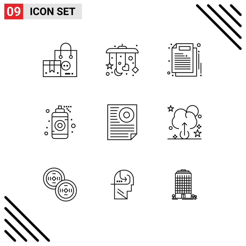 Mobile Interface Outline Set of 9 Pictograms of document spray business idea designer Editable Vector Design Elements