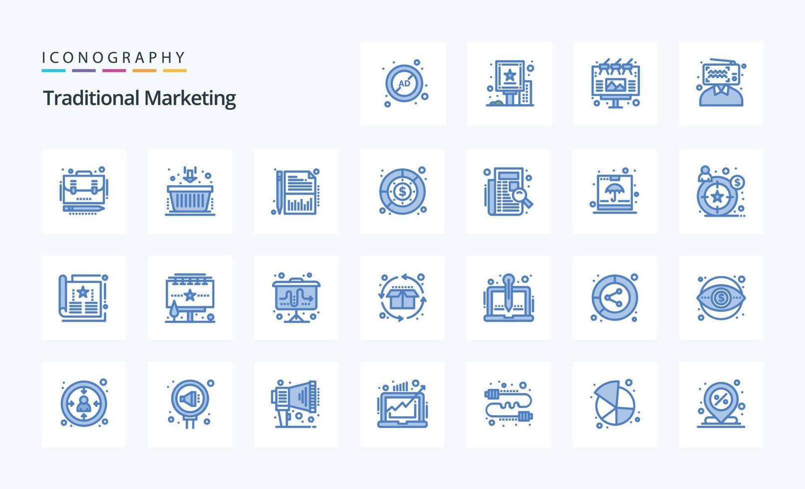 paquete de 25 iconos azules de marketing tradicional vector