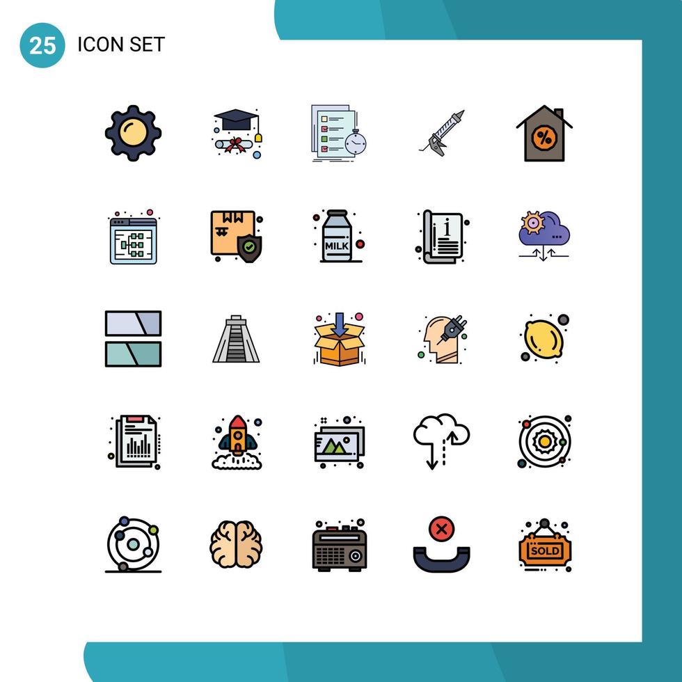 25 Universal Filled line Flat Colors Set for Web and Mobile Applications utensils repair todo gun time Editable Vector Design Elements