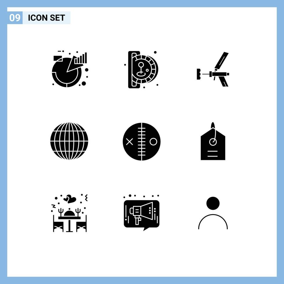 Editable Vector Line Pack of 9 Simple Solid Glyphs of globe gun play tool foam Editable Vector Design Elements