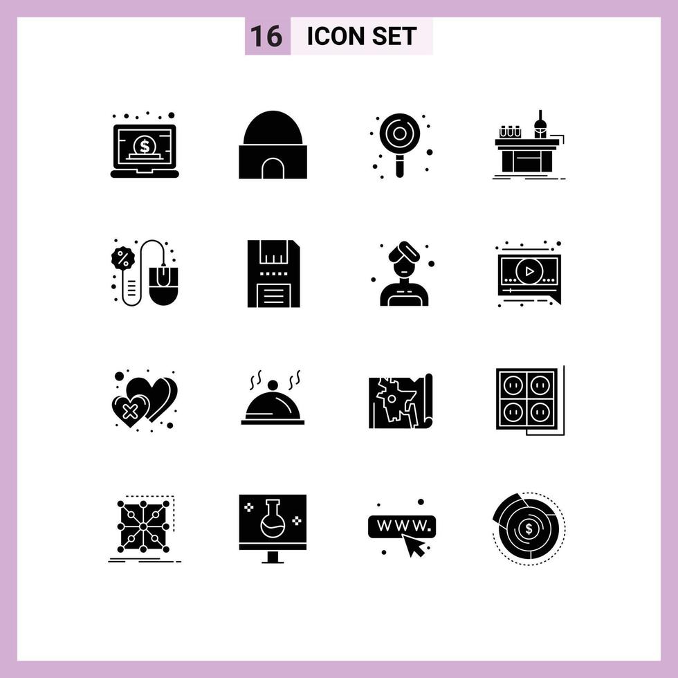 Solid Glyph Pack of 16 Universal Symbols of laboratory chemistry mosque biology lollypop Editable Vector Design Elements