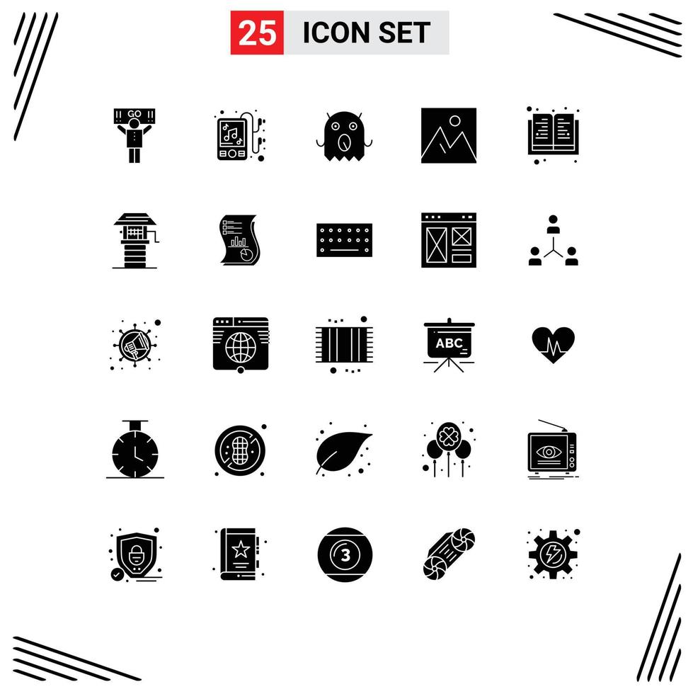 User Interface Pack of 25 Basic Solid Glyphs of science book alien photo furniture Editable Vector Design Elements