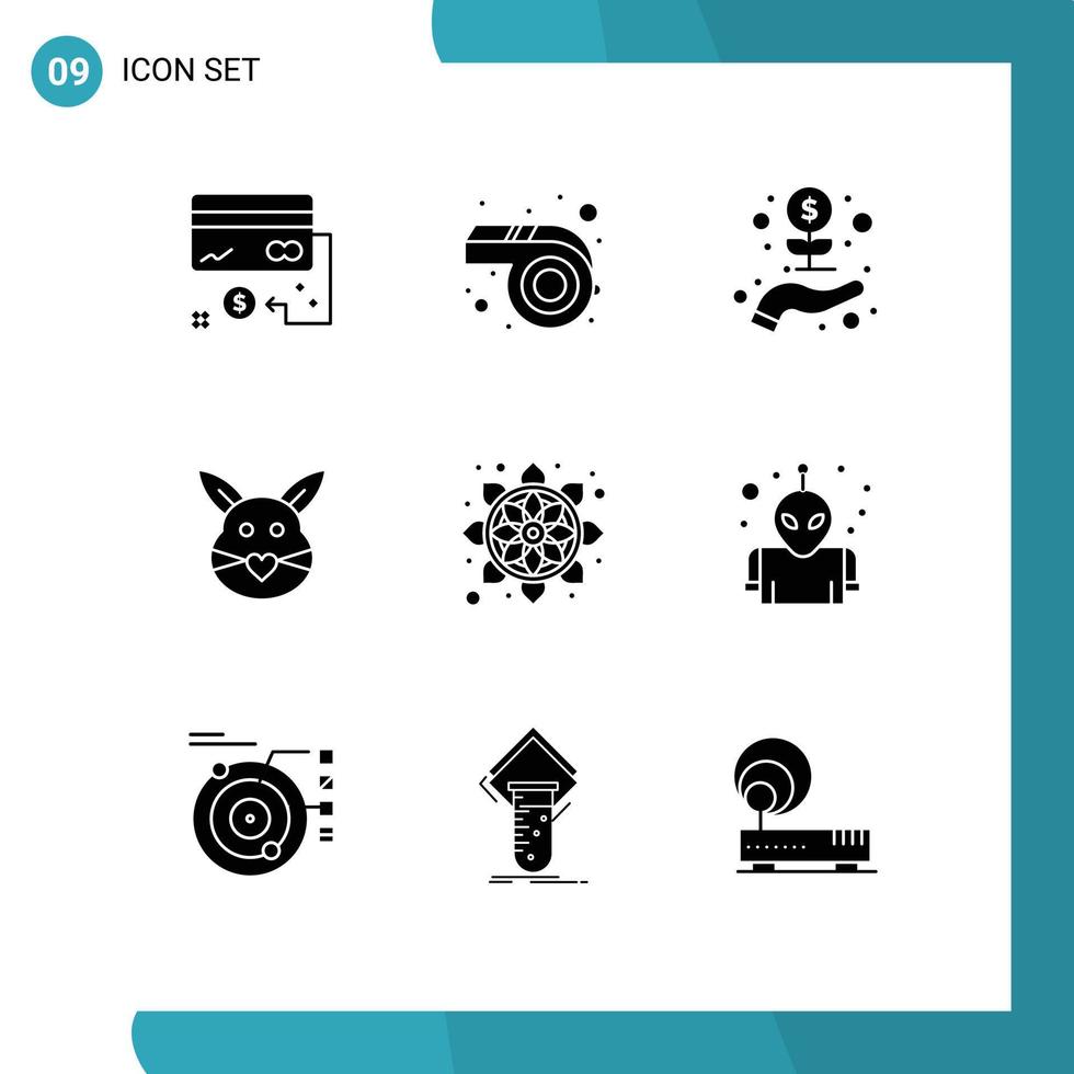 Set of 9 Vector Solid Glyphs on Grid for flower cute business love rabbit Editable Vector Design Elements