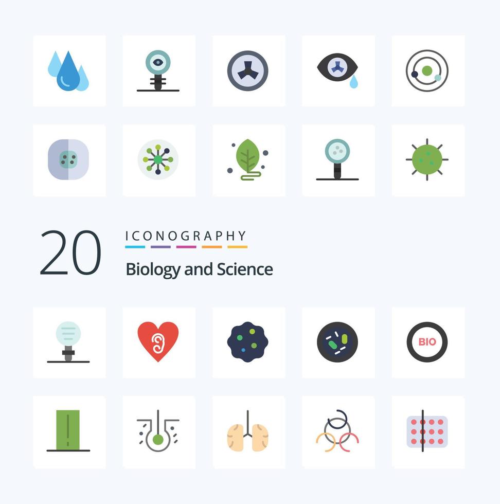 20 Biology Flat Color icon Pack like bio health bacterium germ bacterium vector