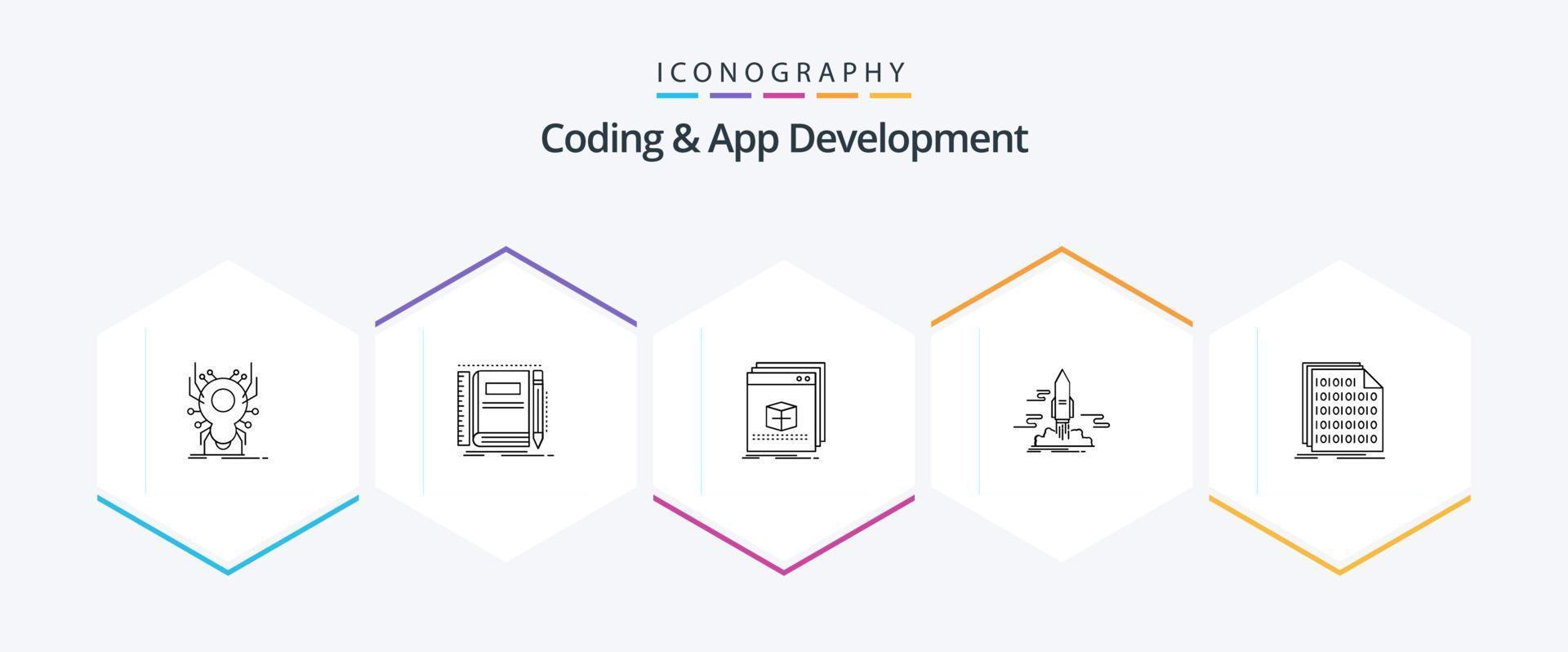 paquete de iconos de 25 líneas de codificación y desarrollo de aplicaciones que incluye la aplicación. lanzamiento. bolsillo. programa. solicitud vector