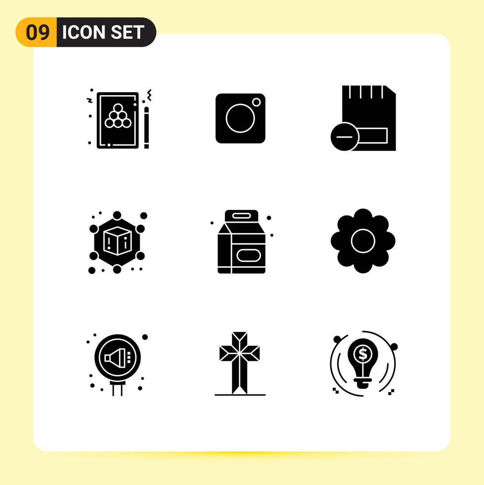 User Interface Pack of 9 Basic Solid Glyphs of bottle geometric social cube hardware Editable Vector Design Elements