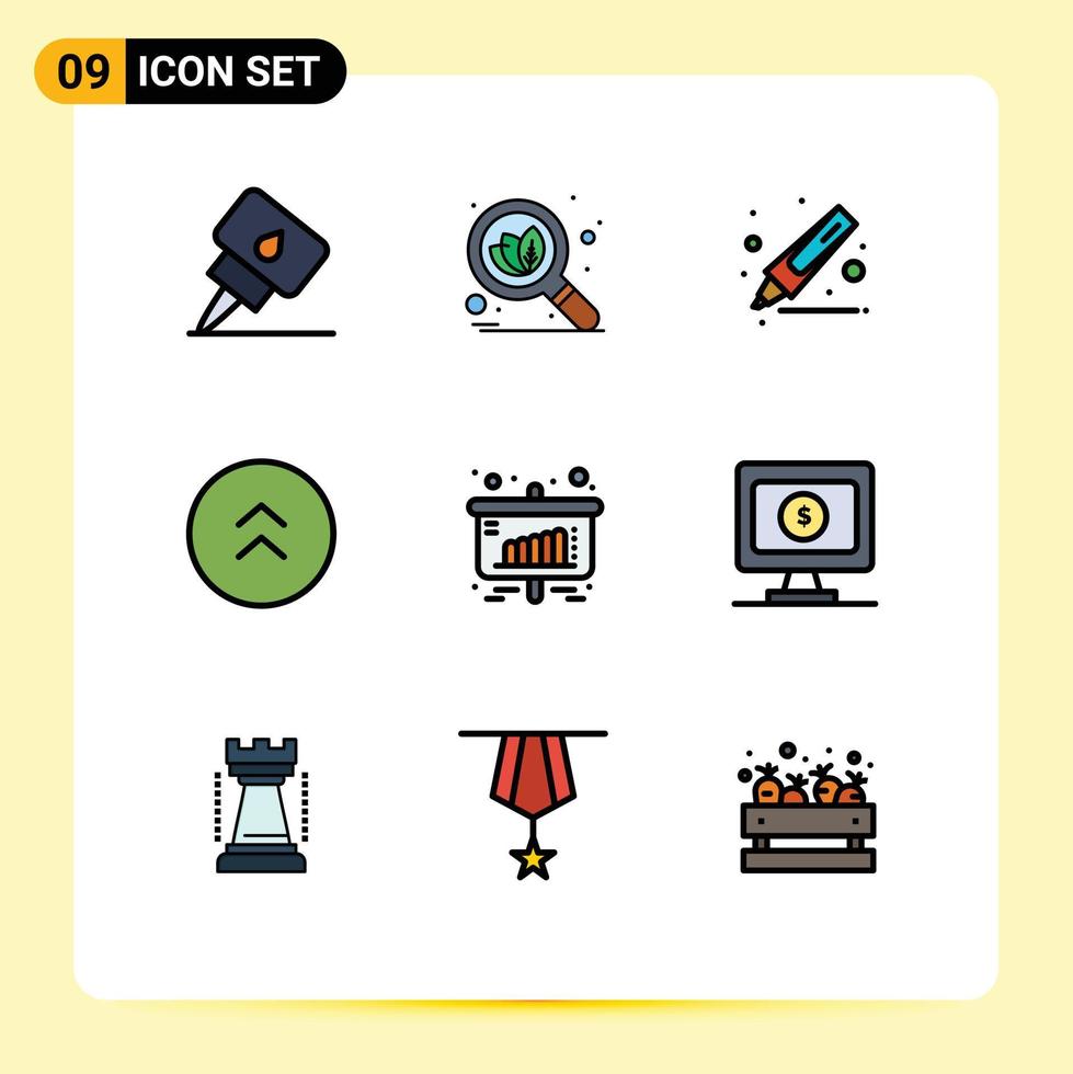 9 Thematic Vector Filledline Flat Colors and Editable Symbols of monitor presentation marker chart up Editable Vector Design Elements