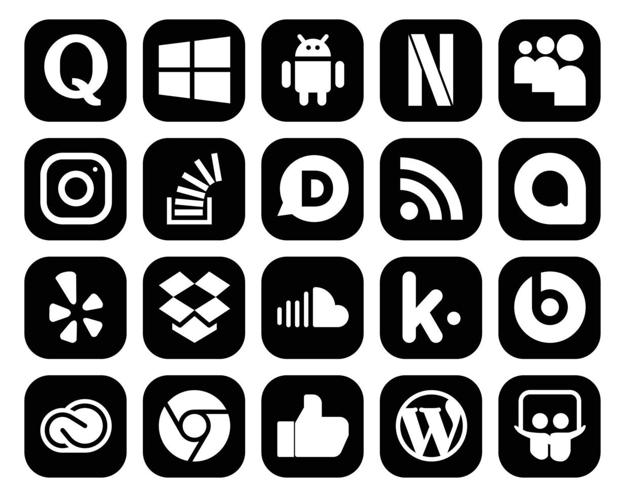 20 Social Media Icon Pack Including sound dropbox question yelp rss vector